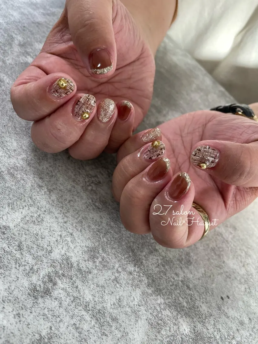 ネイル ブラウン ツイードネイル 27salon yuinaのネイルデザイン