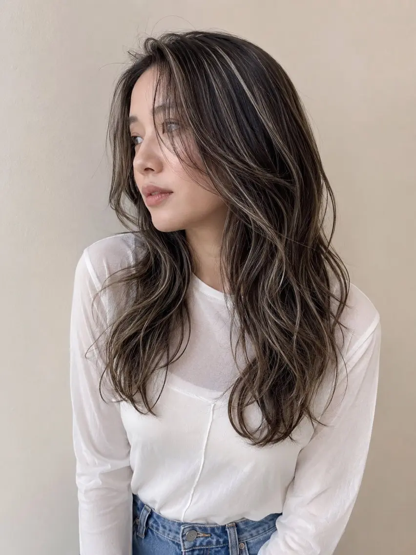 ロング カラー ハイライトカラー 顔まわりレイヤー 外国人風カラー ハイライト レイヤーカット 海外風レイヤーカット 👑店長　平松　由のヘアスタイル