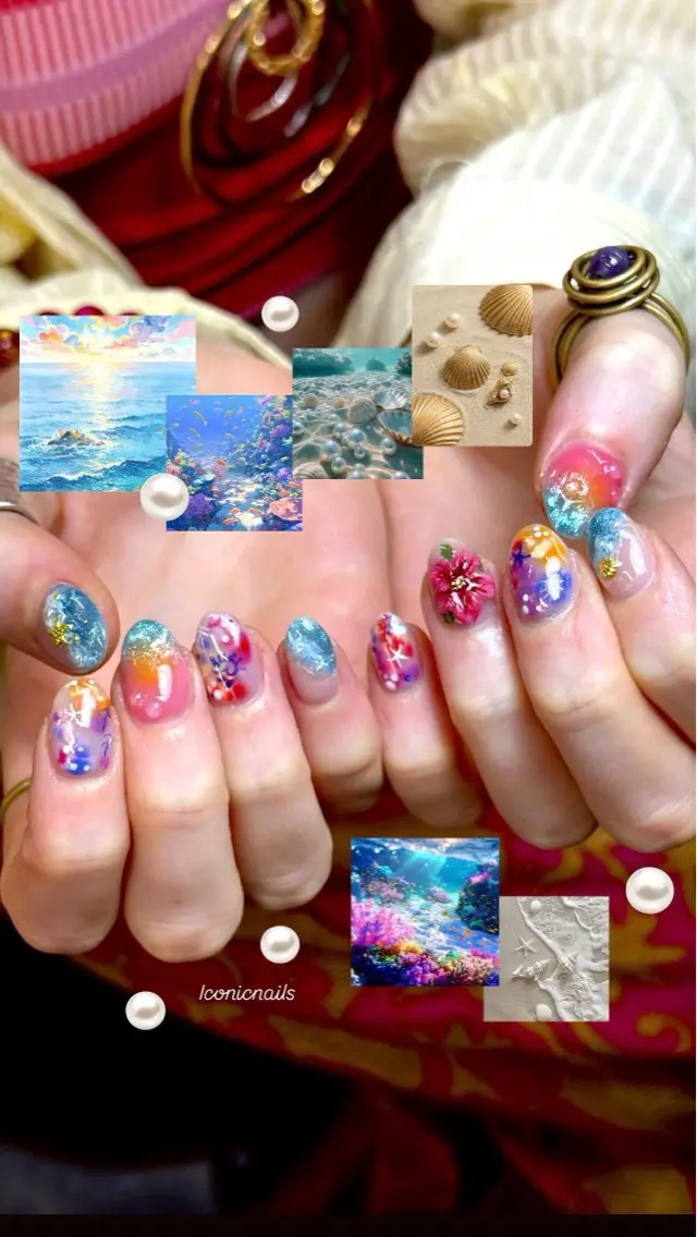 ネイル ブルー フラワーネイル 持ち込み ニュアンスネイル オレンジ Iconic Nailのネイルデザイン