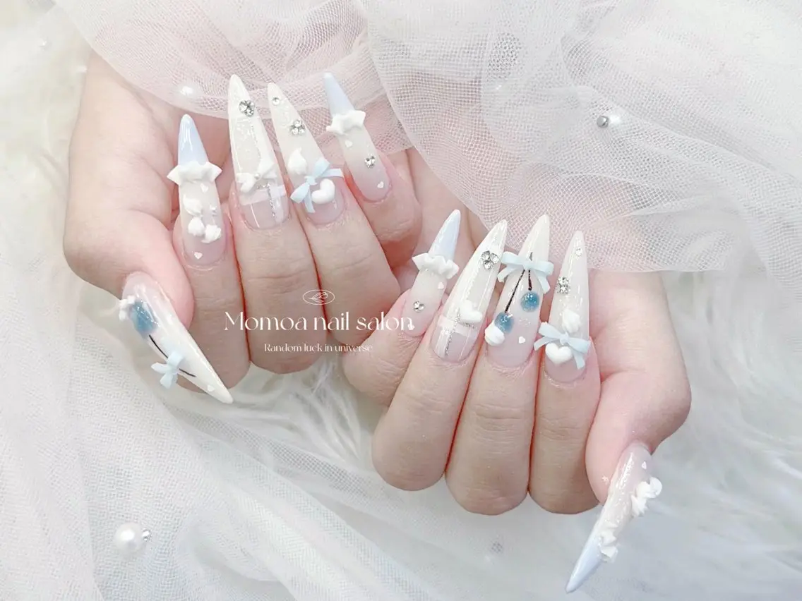 ネイル 成人式 大理石ネイル(マーブル) リボン 夏ネイル ネイルチップ ハンドネイル MoMoA Nail ネイル長さ出し専門店のネイルデザイン