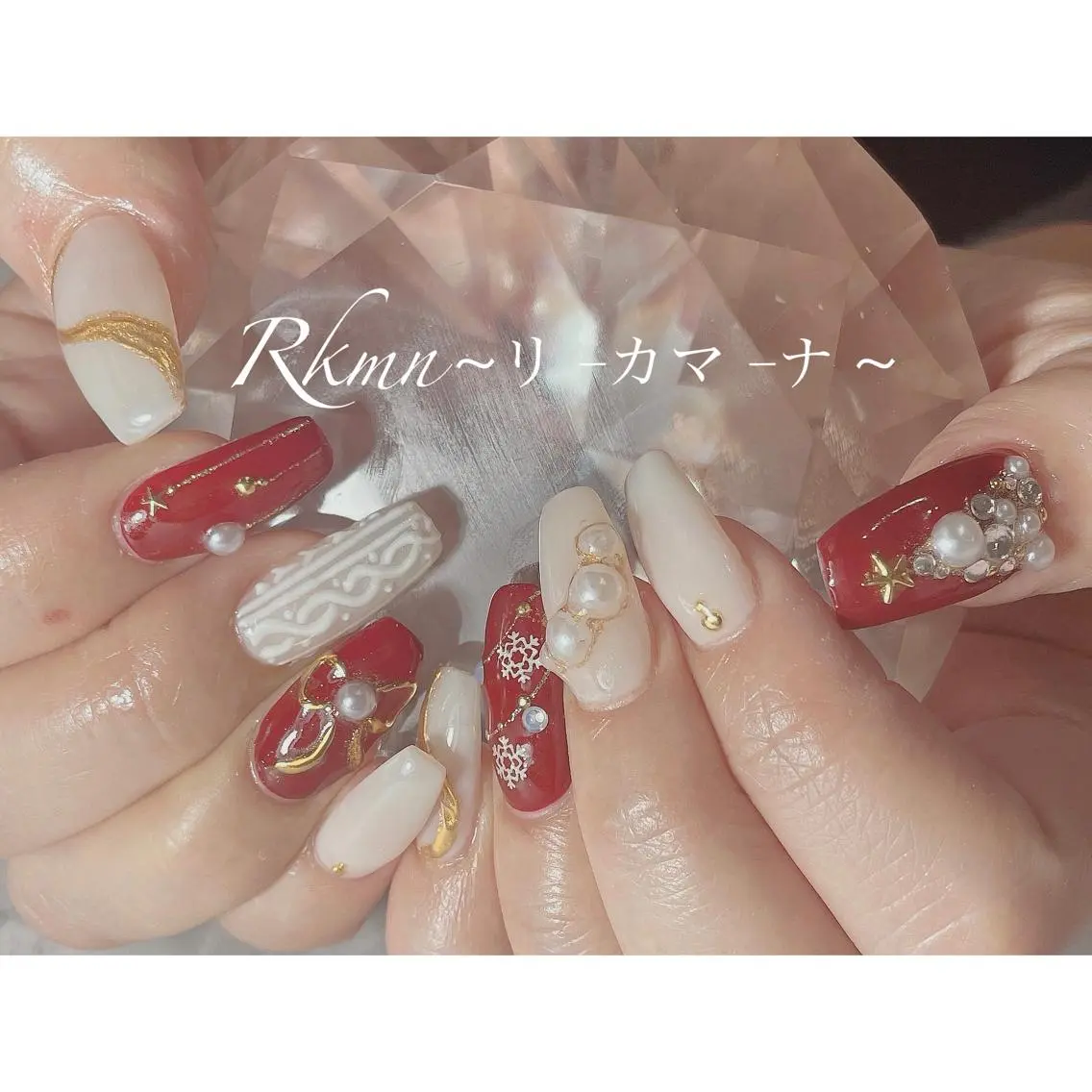 ネイル アートネイル ミラーネイル リボン 春ネイル 冬ネイル ハンドネイル フットネイル ハンドケア Rkmn ~リ-カマ-ナ~のネイルデザイン