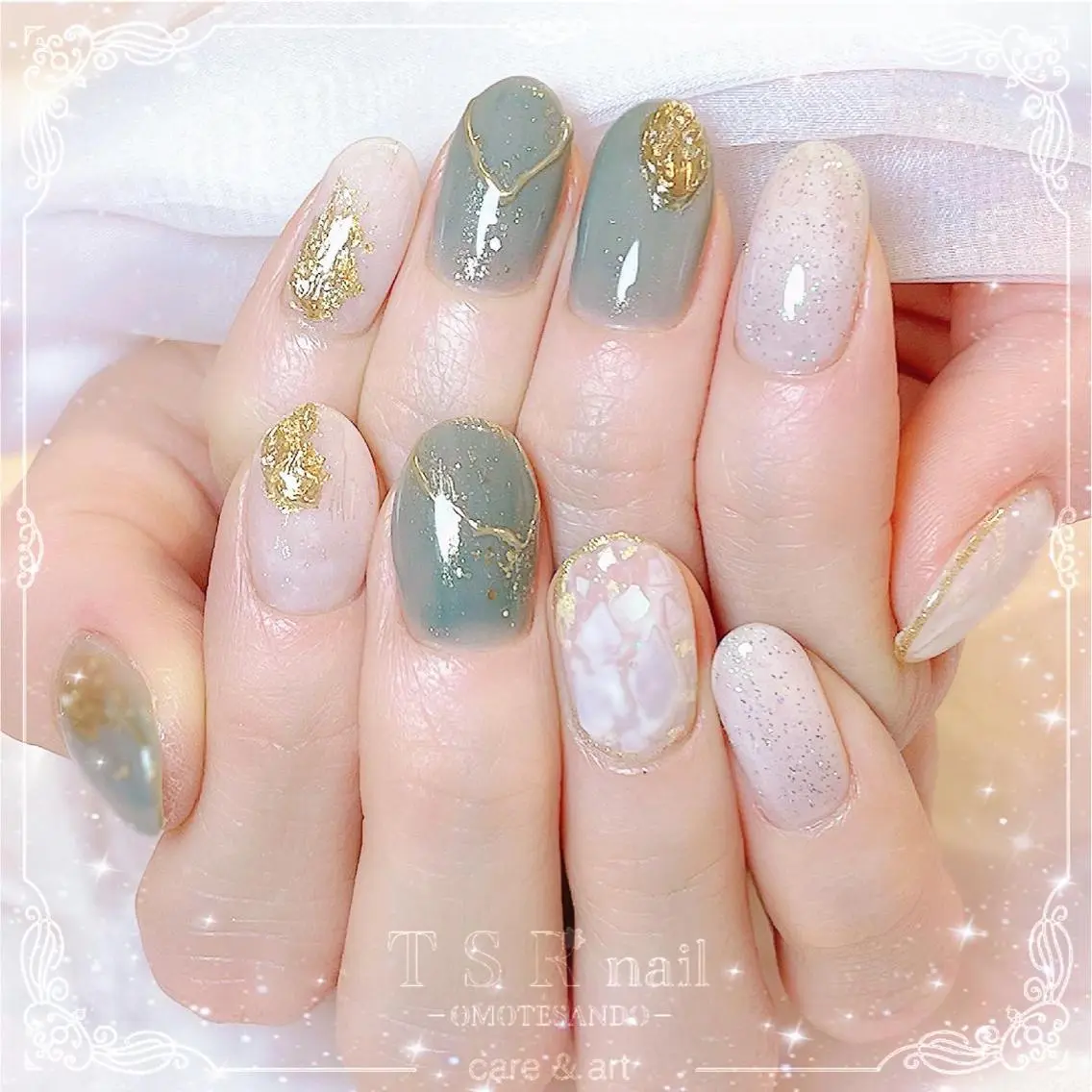 ネイル グリーン ニュアンスネイル ハンドネイル ハンドケア 爪咲 りり花のネイルデザイン