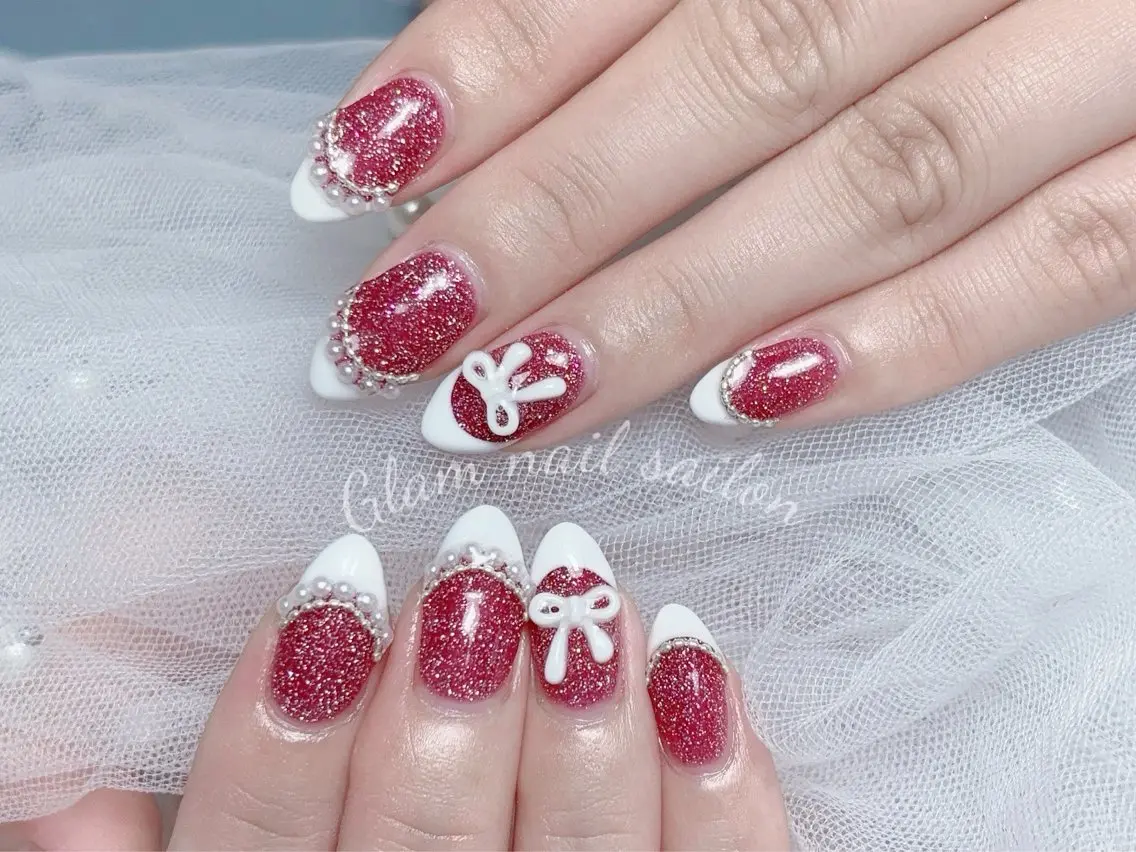 ネイル ハンドネイル エツメ💅 長さ出し🎀デザインのネイルデザイン