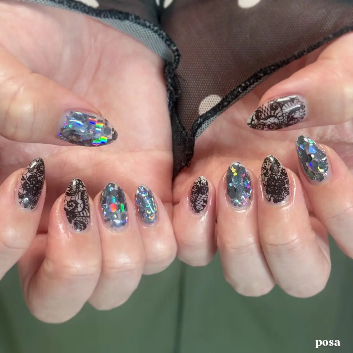 ネイル キラキラネイル レース ラメ(グリッター) ワンカラーネイル シンプルネイル ハンドネイル posa nail モエミのネイルデザイン