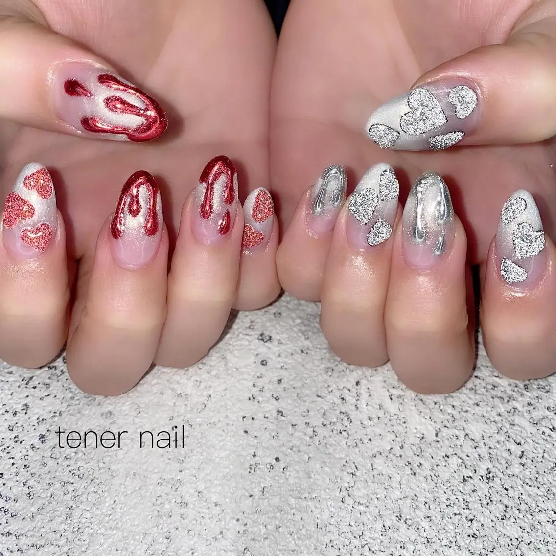 ネイル フラッシュネイル ハート ラメ(グリッター) ミラーネイル ぷっくりネイル テネルネイル tener nailのネイルデザイン