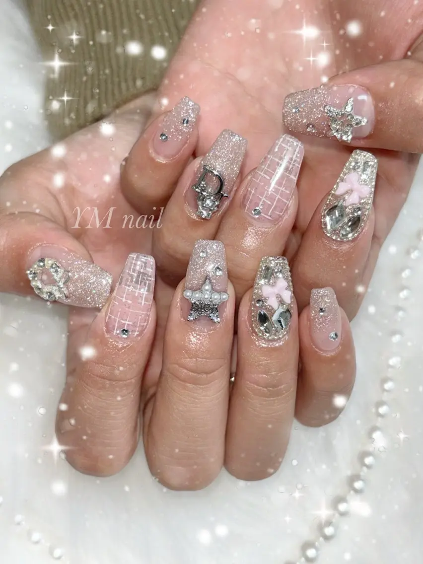 ネイル フラッシュネイル ピンク リボン スカルプネイル ツイードネイル ハンドネイル YM nailのネイルデザイン