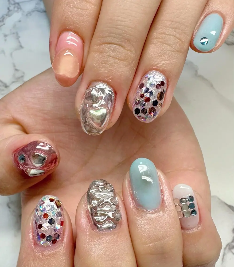 ネイル ハート キラキラネイル マグネットネイル ミラーネイル ニュアンスネイル Mai’s nailのネイルデザイン