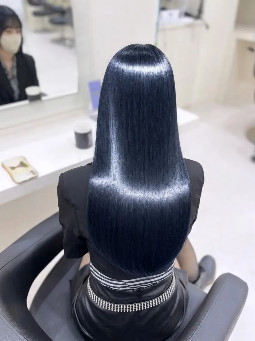 ロング 髪質改善 縮毛矯正 酸性ストレート カット ヘアカラー 縮毛矯正 縮毛矯正× ブルーブラック/池袋のヘアスタイル