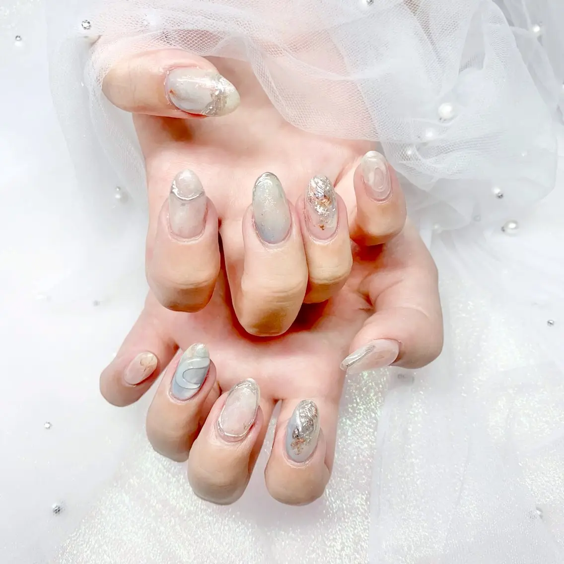 ネイル 長さ出し ジェルネイル キラキラネイル 大理石ネイル(マーブル) ニュアンスネイル Morpho nailのネイルデザイン