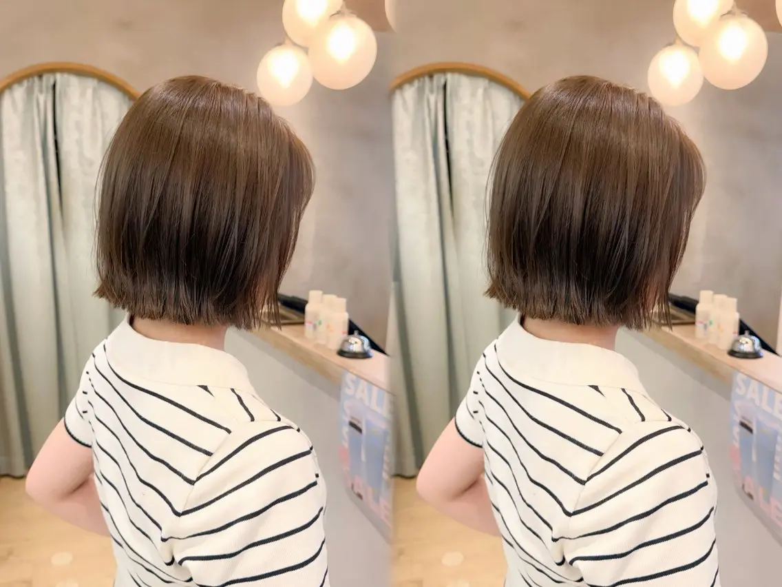 ショート カラー ボブレイヤー ベージュカラー 透明感カラー ハイライトカラー ミルクティーベージュ カット ヘアカラー トリートメント 巻ける縮毛矯正✨ ボブ/ショートともきのヘアスタイル