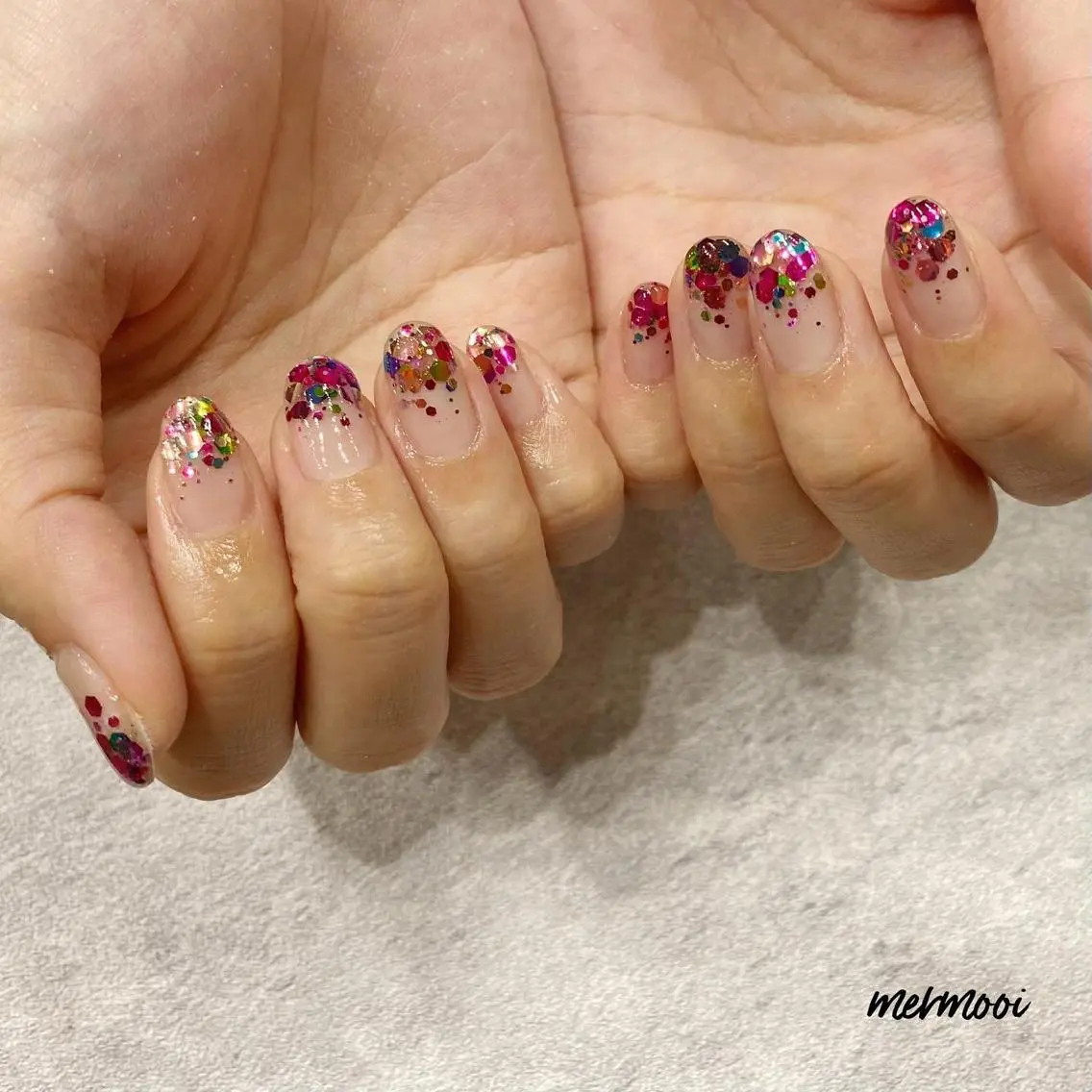 ネイル クリアネイル 氷ネイル・うるうるネイル キラキラネイル ラメ(グリッター) ラメグラデーション mermooi nailのネイルデザイン