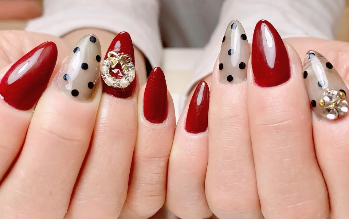 ネイル ボルドー ドット 持ち込み スカルプネイル ネイルチップ ハンドネイル Nail Salon K 🧸美爪育成のネイルデザイン