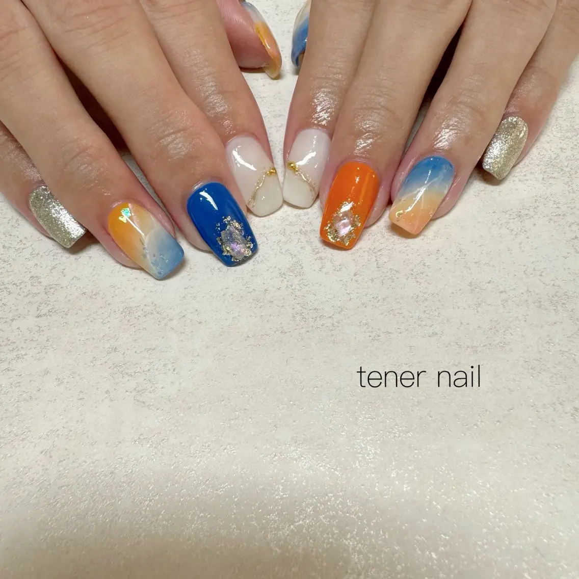 ネイル ブルー オレンジ ハンドネイル テネルネイル tener nailのネイルデザイン
