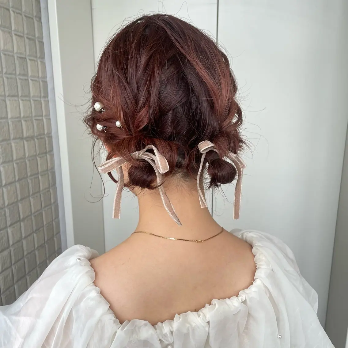 ヘアアレンジ 結婚式・ブライダル ボブ 銀座：似合わせカラー オリーブ🫒アレンジのヘアスタイル