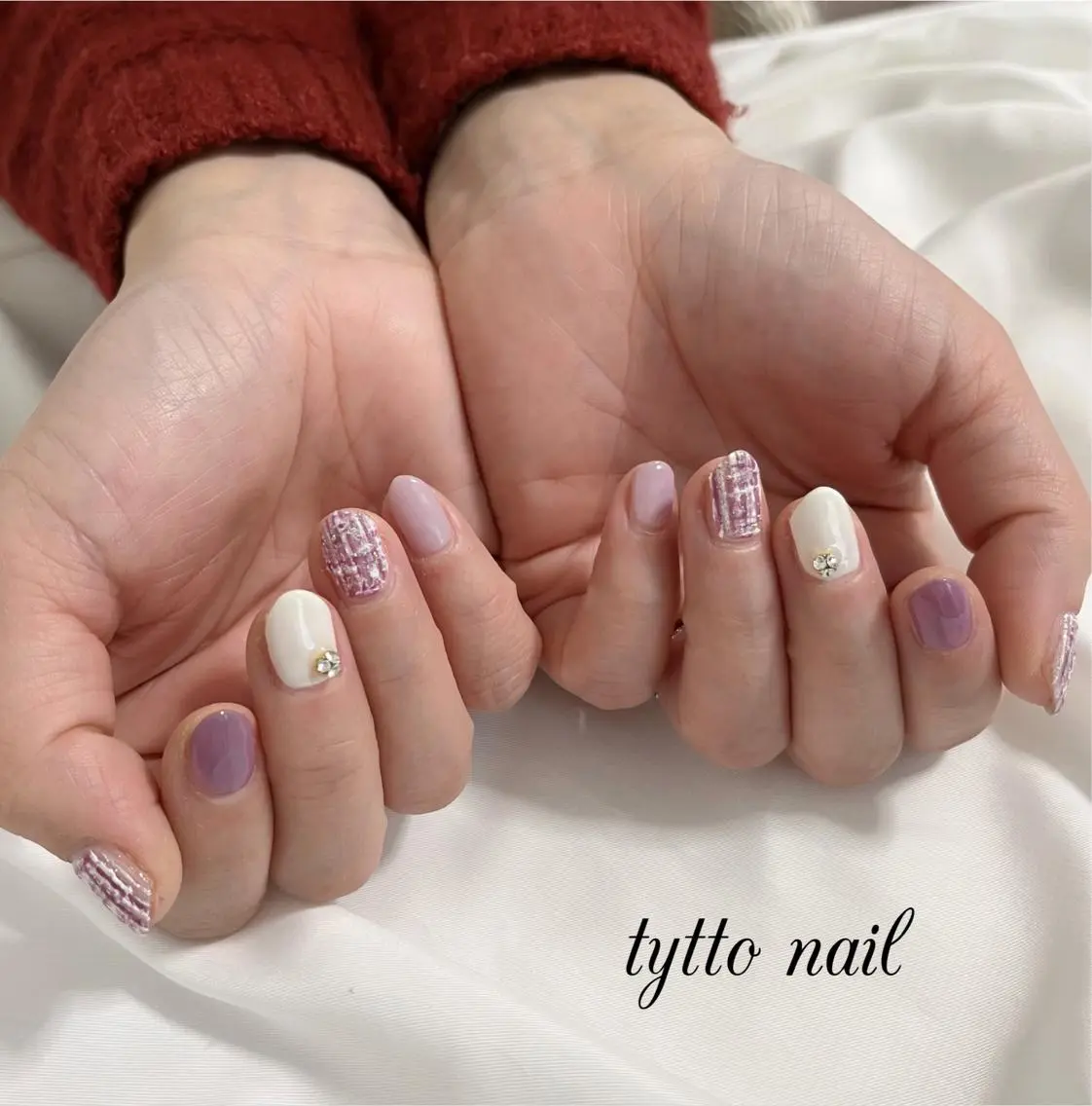 ネイル オフィスネイル パープル 春ネイル ツイードネイル ハンドネイル tytto nail ❤︎‪‪eri‪‪のネイルデザイン