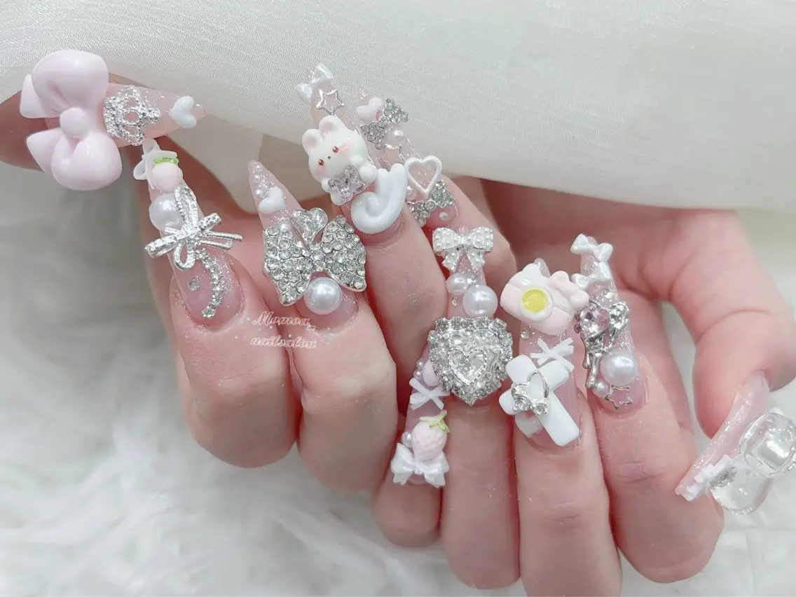 ネイル 成人式 大理石ネイル(マーブル) リボン 夏ネイル ネイルチップ ハンドネイル MoMoA Nail ネイル長さ出し専門店のネイルデザイン