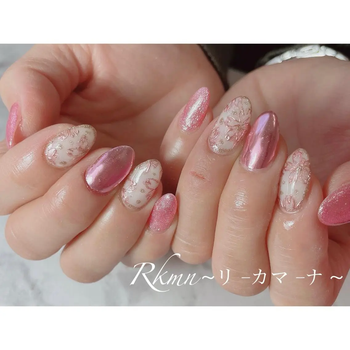 ネイル アートネイル 桜ネイル ラメ(グリッター) ミラーネイル 春ネイル ハンドネイル フットネイル ハンドケア Rkmn ~リ-カマ-ナ~のネイルデザイン