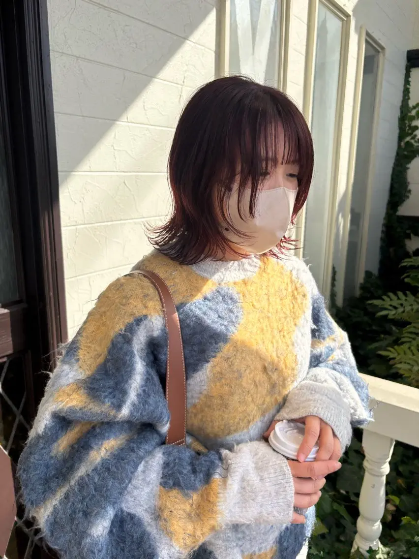 ミディアム カラー パーマ ミディアムパーマ ブラウンカラー 顔まわりレイヤー 顔周りカット レイヤーカット カット ヘアカラー パーマ 江原 彩華のヘアスタイル