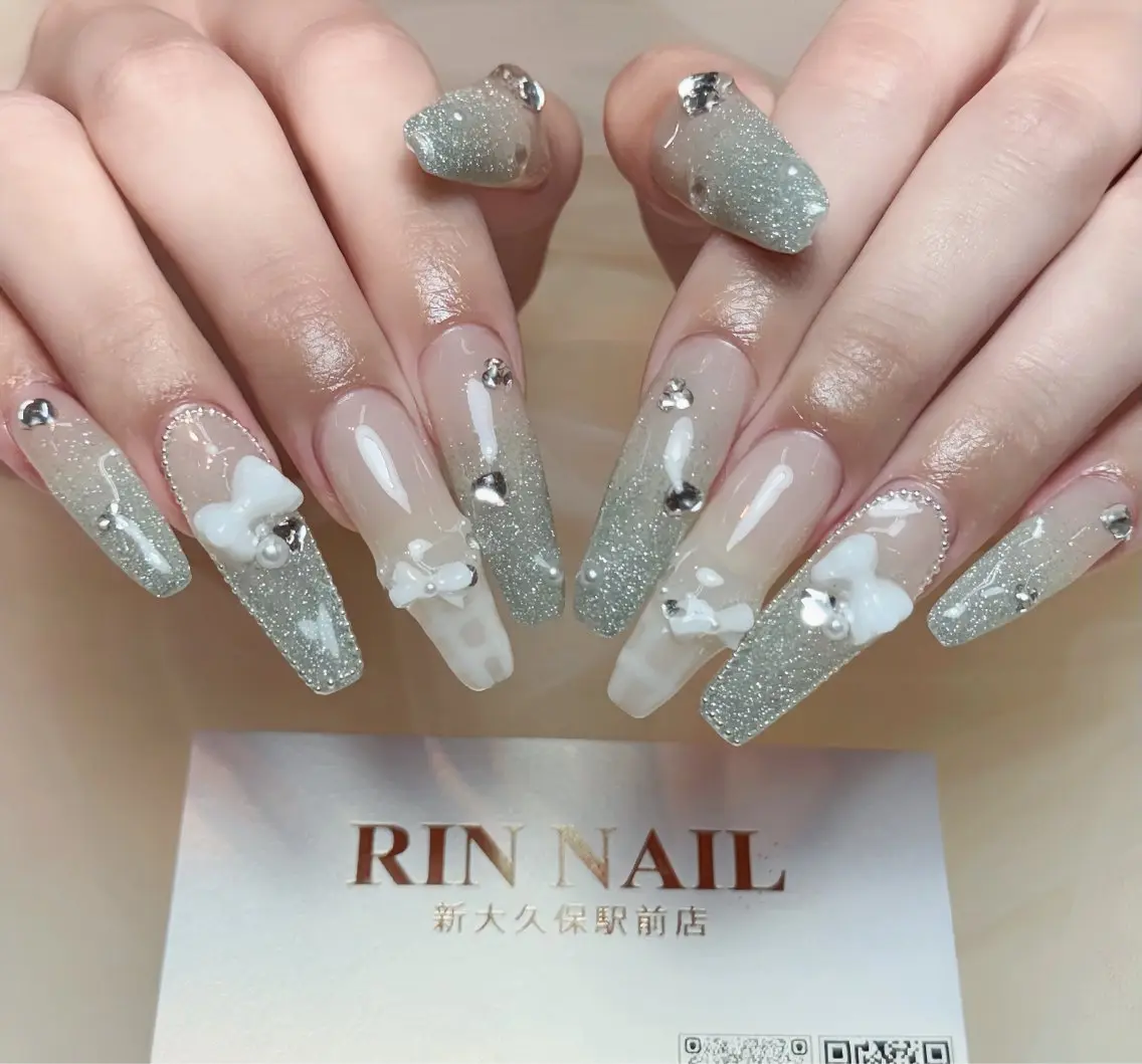ネイル アートネイル 長さ出し ガーリー 韓国ネイル 持ち込み Rin Nail 新大久保店のネイルデザイン