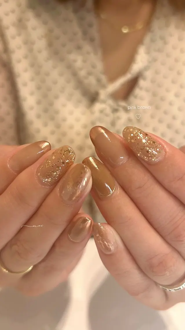 ネイル ブラウン ピンク ハンドネイル nail salon moiのネイルデザイン