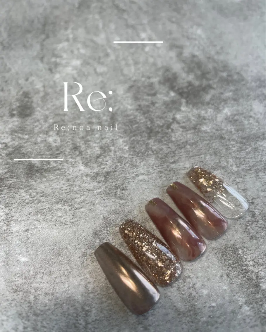 ネイル ブラウン ロングネイル ミラーネイル ニュアンスネイル ショートネイル ハンドネイル Re;noa nailのネイルデザイン
