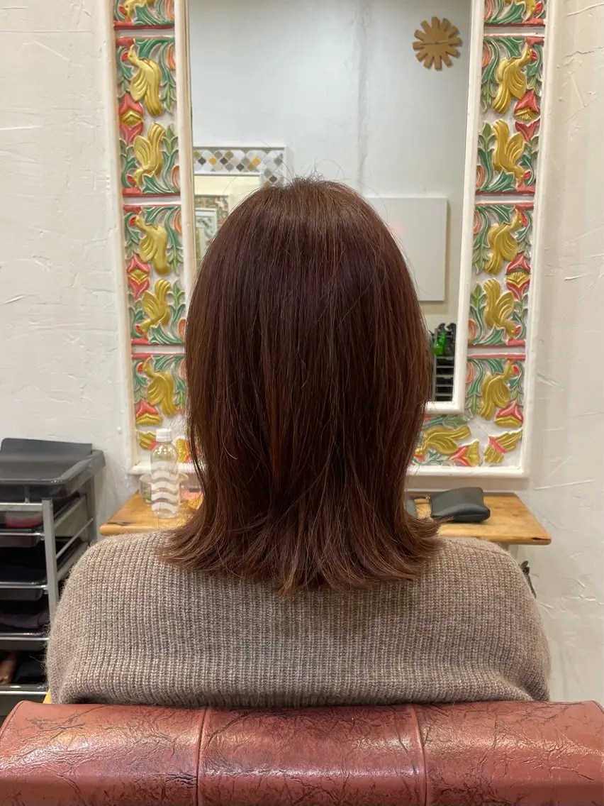 ミディアム カラー ブラウンカラー ピンクカラー ピンクブラウン くびれヘア 外ハネヘア 丹 優菜のヘアスタイル
