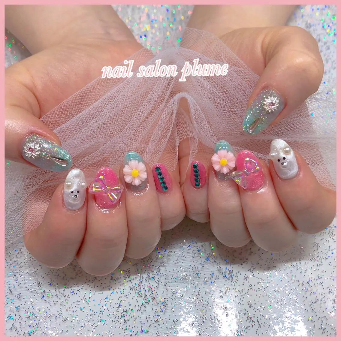 ネイル アートネイル フラワーネイル ハート キラキラネイル 韓国ネイル ハンドネイル plume nail ☆韓国ネイルのネイルデザイン