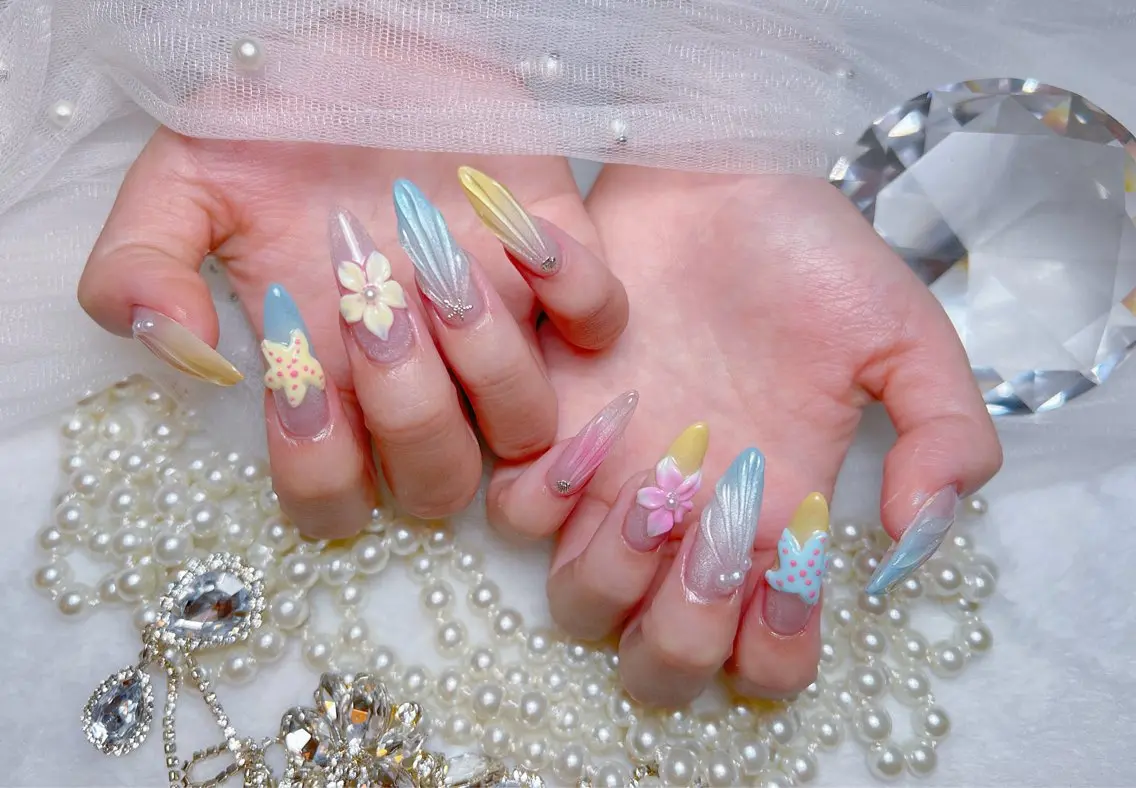 ネイル アートネイル オーロラネイル チークネイル 長さ出し フットネイル Miya _nailのネイルデザイン