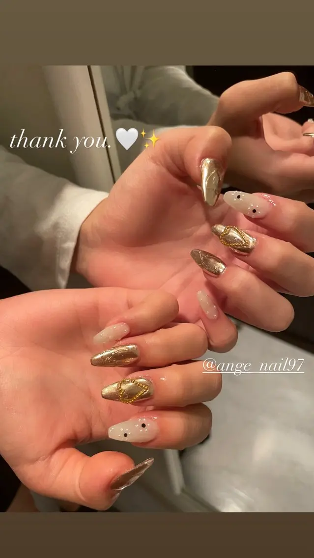ネイル ジェルネイル ガーリー ゴールド ハート リボン ハンドネイル Nail salon 🎀Angeのネイルデザイン