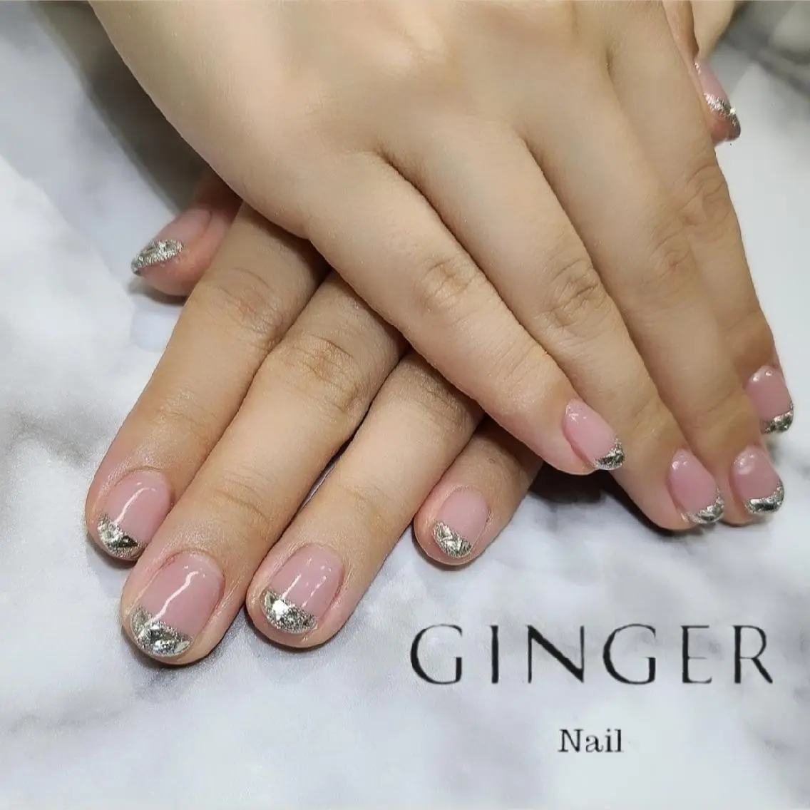 ネイル フレンチネイル ガラスフレンチ キラキラネイル ハンドネイル GINGER  斎藤舞のネイルデザイン