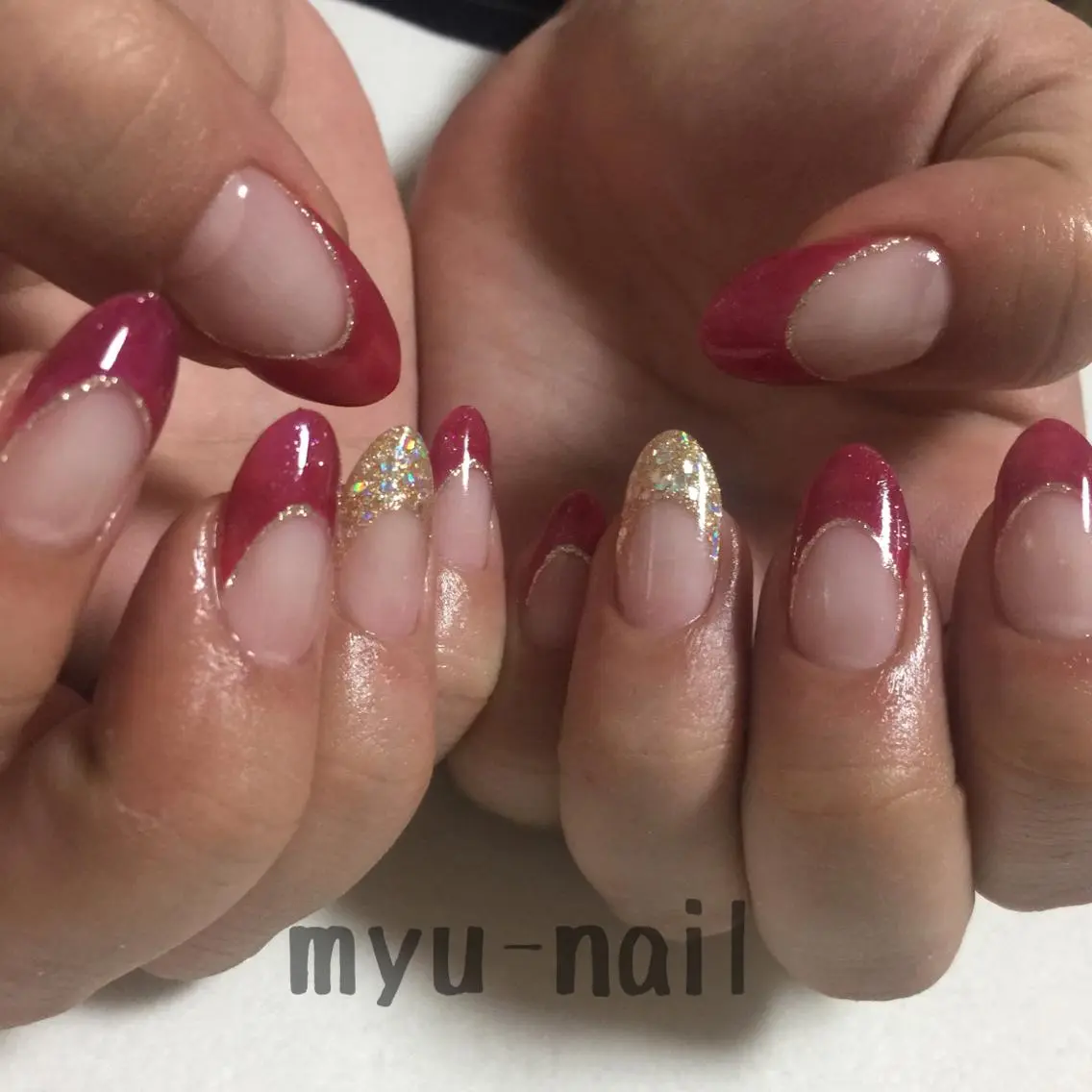 ネイル ボルドー フレンチネイル 大理石ネイル(マーブル) ハンドネイル ホームサロン myu-nailのネイルデザイン