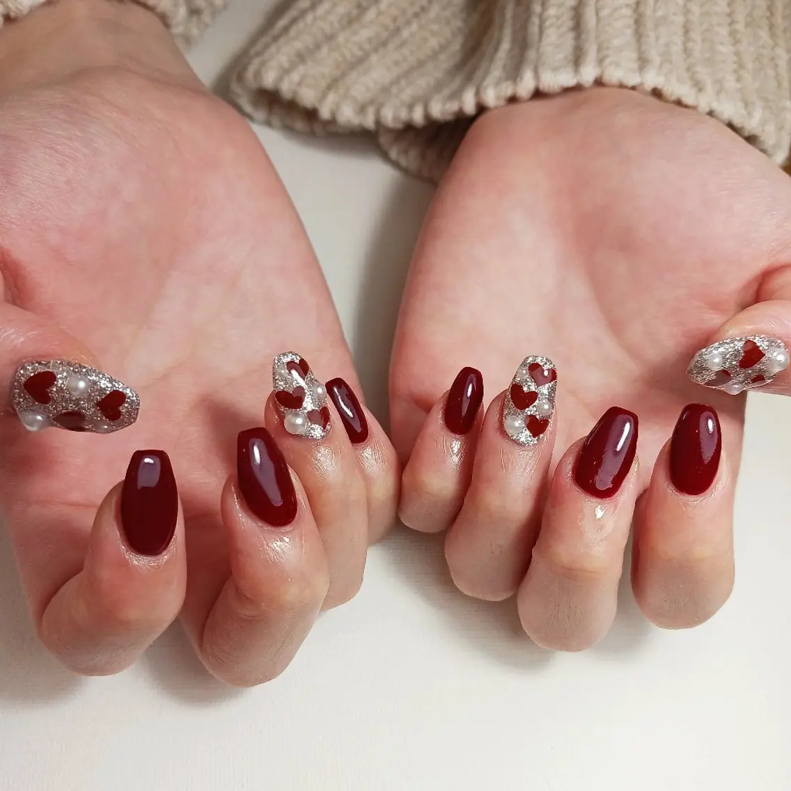 ネイル ボルドー ジェルネイル ハート ラメ(グリッター) 持ち込み ハンドネイル owlnail /持込みデザイン専門のネイルデザイン
