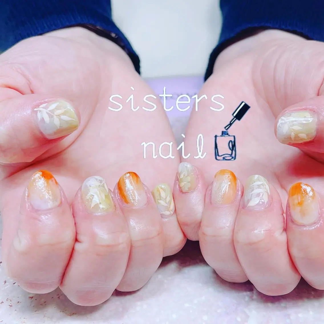 ネイル アートネイル ゴールド 大理石ネイル(マーブル) ニュアンスネイル オレンジ sisters nail.fのネイルデザイン