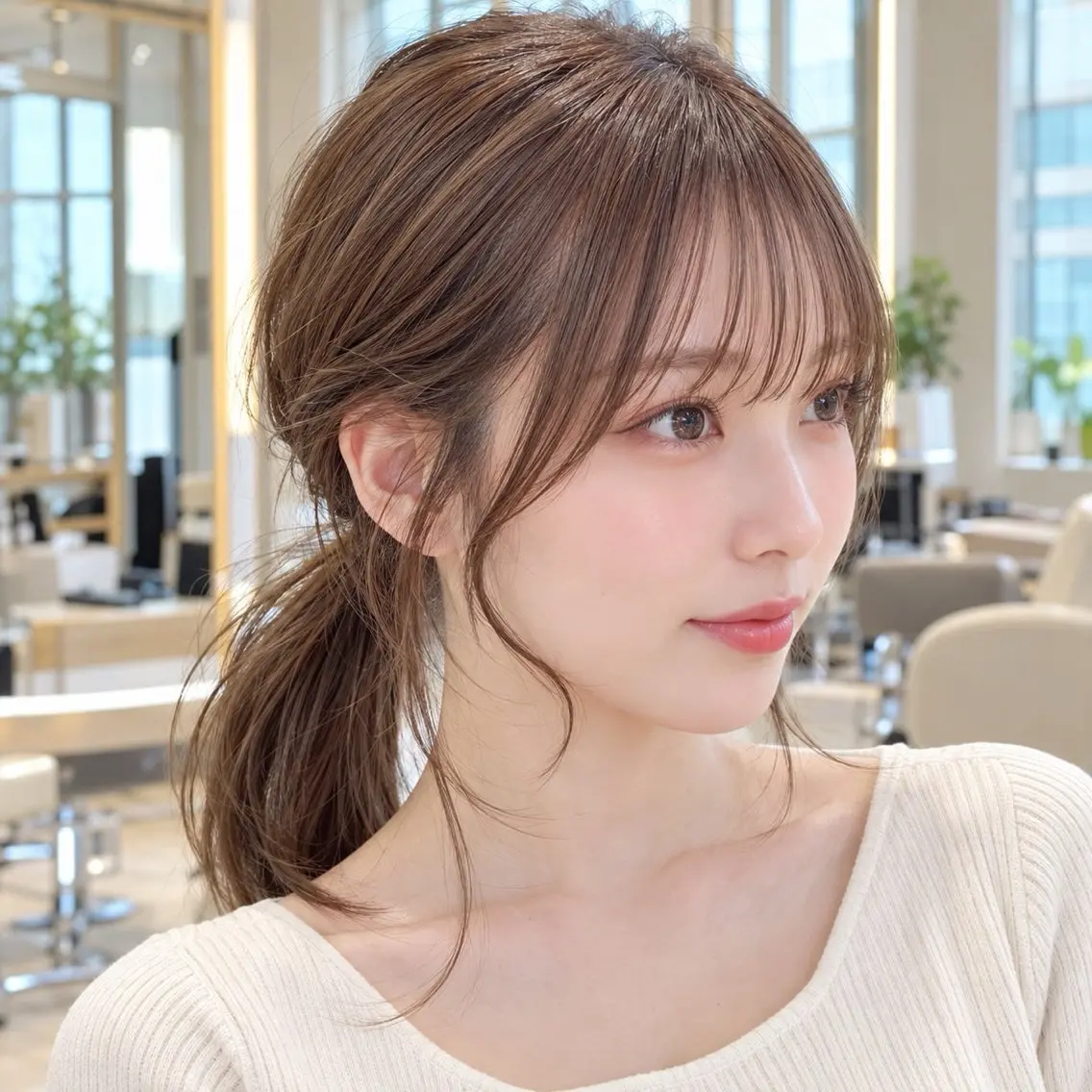 ミディアム カラー ヘアアレンジ おくれ毛 小顔カット 顔周りレイヤー/透明 感カラー/難波雄雅のヘアスタイル