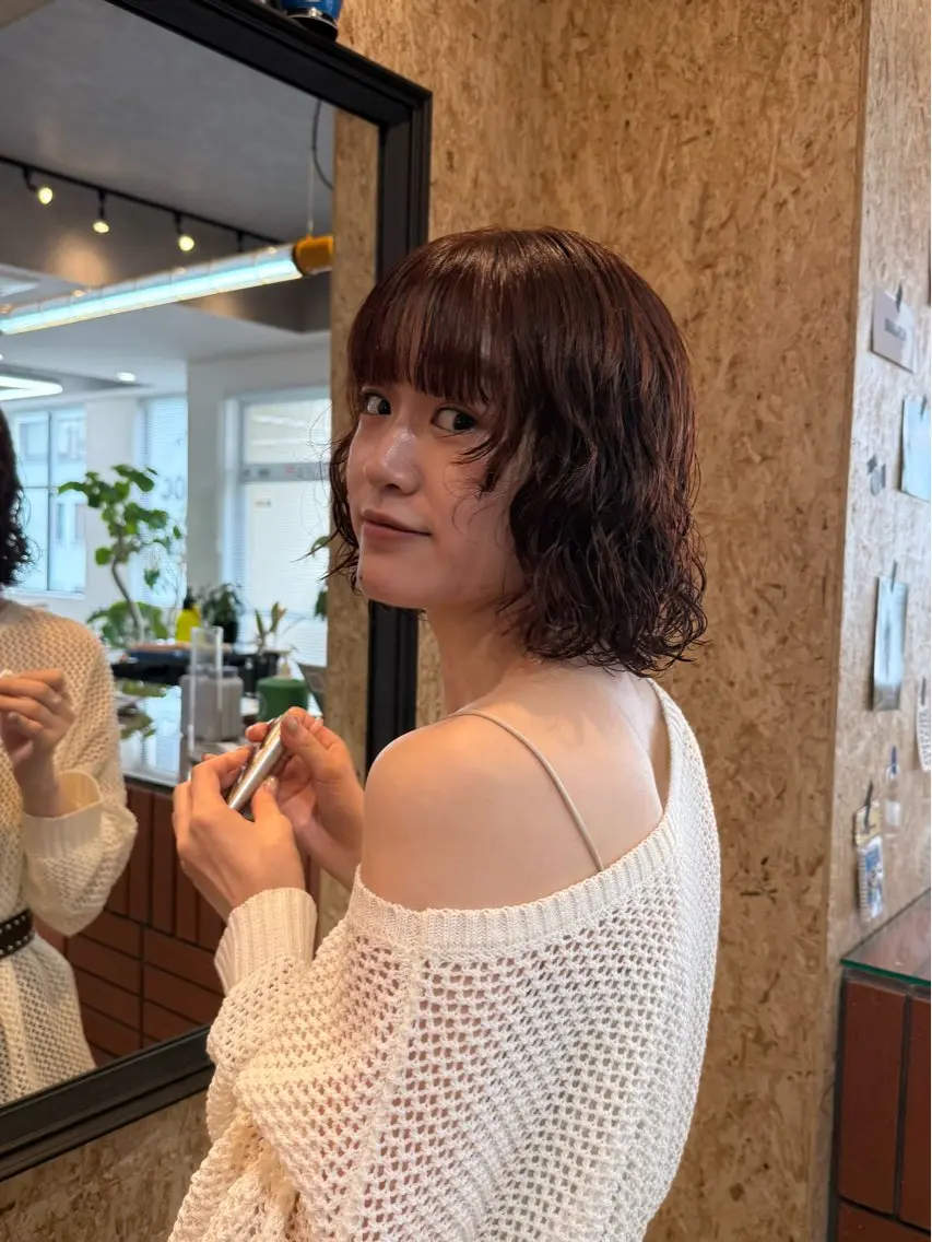 ミディアム カラー パーマ ミディアムパーマ ブラウンカラー オレンジ オレンジブラウン ボブ カット ヘアカラー パーマ トリートメント azumi/グレー ジュ/オリーブ/縮毛のヘアスタイル