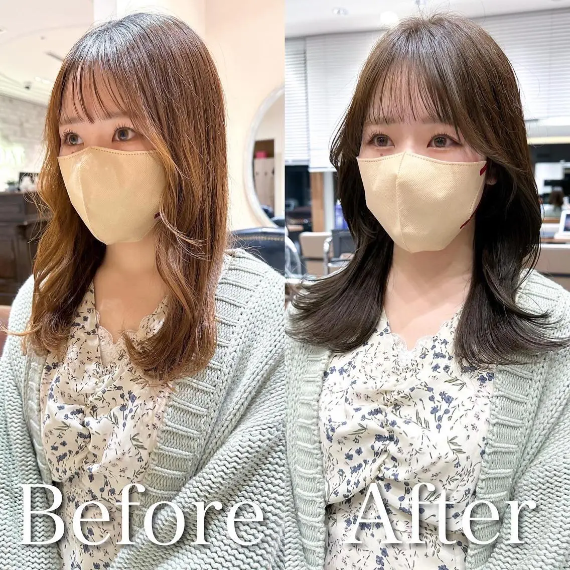セミロング カラー ベージュカラー ブラウンカラー ブラウンベージュ くびれヘア 顔周りカット 顔周り/くびれヘア 韓国ヘア💕風間るなのヘアスタイル