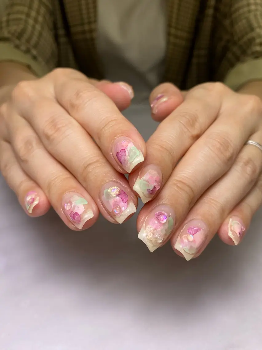 ネイル 成人式 フラッシュネイル フレンチネイル ガーリー キラキラネイル ハンドネイル 草加ニュアンスネイル 🌚hersのネイルデザイン