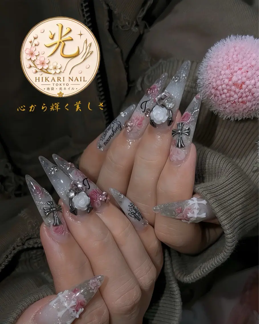 ネイル チークネイル 長さ出し フレンチネイル ガーリー ハート ハンドネイル HikariNail Ikebukuroのネイルデザイン