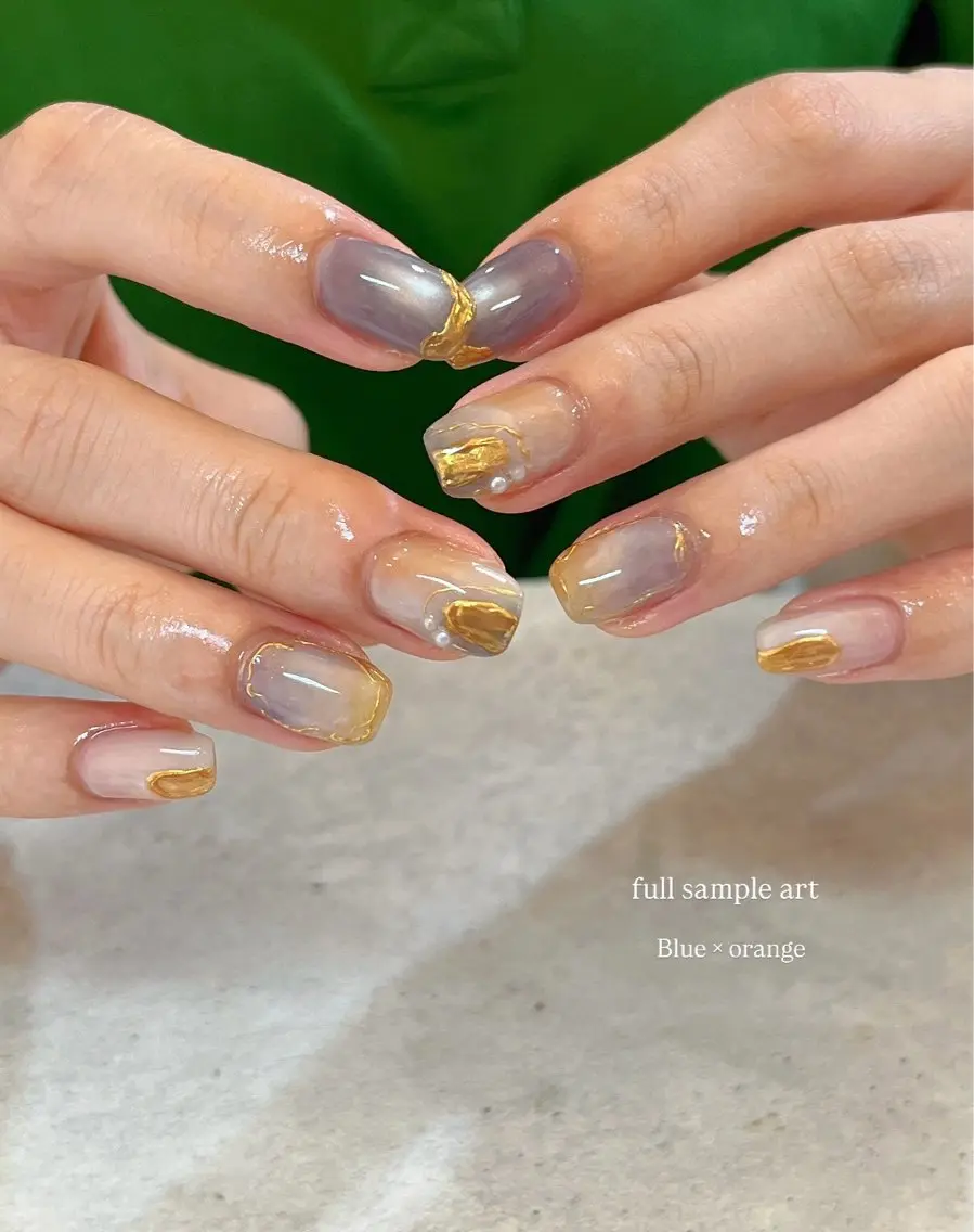 ネイル アートネイル ブルー ニュアンスネイル オレンジ ハンドネイル r.nailBY α 大阪福島区/岸本🧸のネイルデザイン