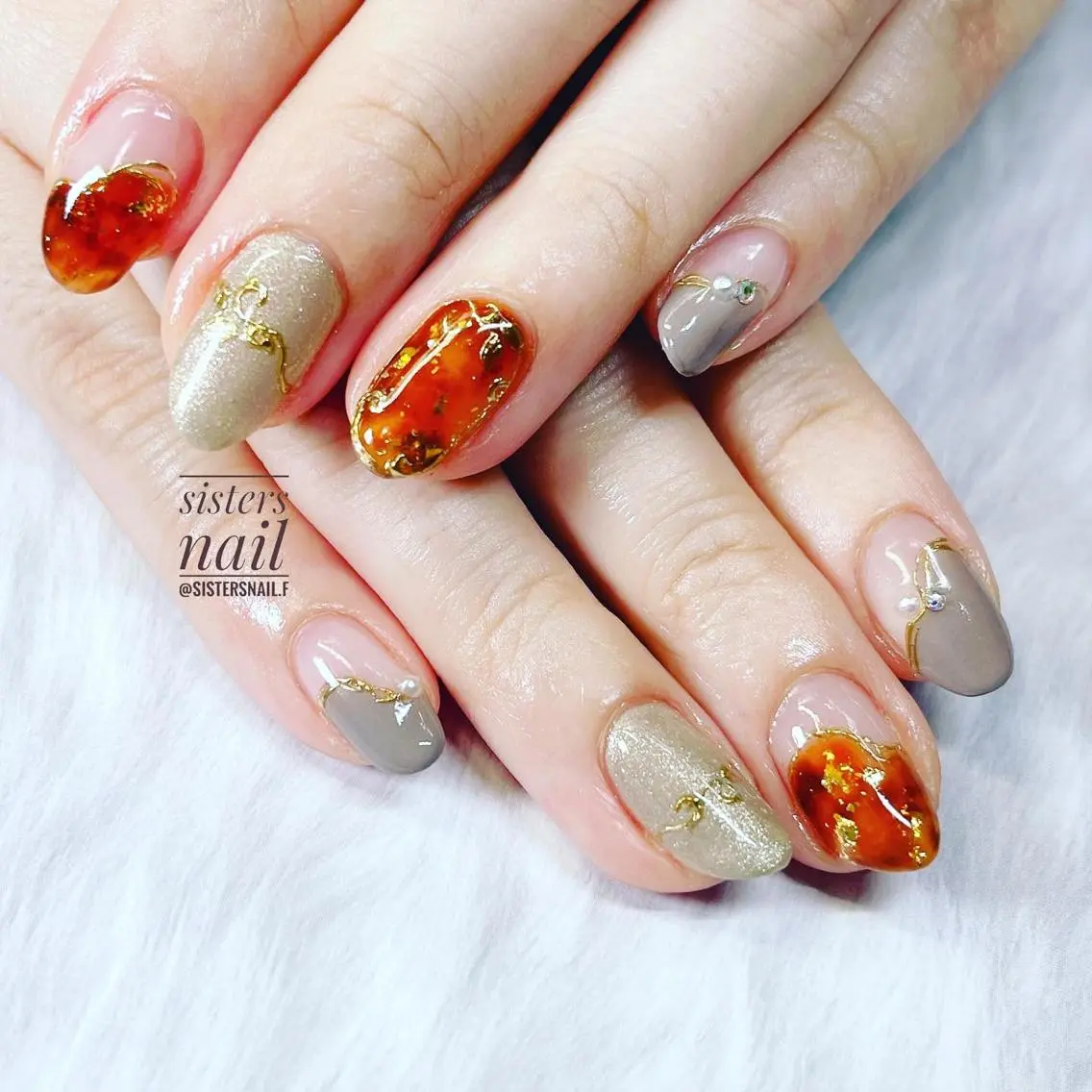 ネイル アートネイル べっ甲ネイル フレンチネイル ハロウィン ミラーネイル sisters nail.fのネイルデザイン