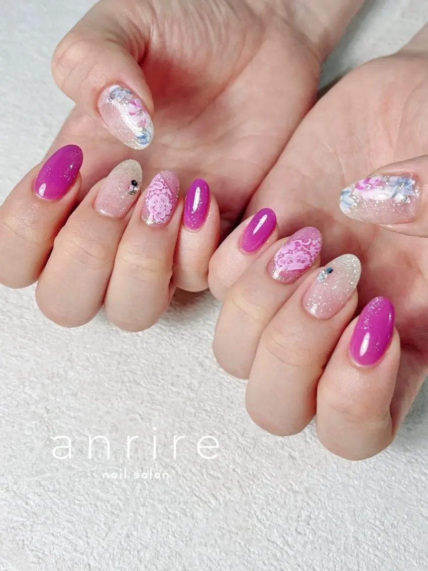 ネイル フラッシュネイル フラワーネイル ジェルネイル キラキラネイル レース nailsalon anrireのネイルデザイン