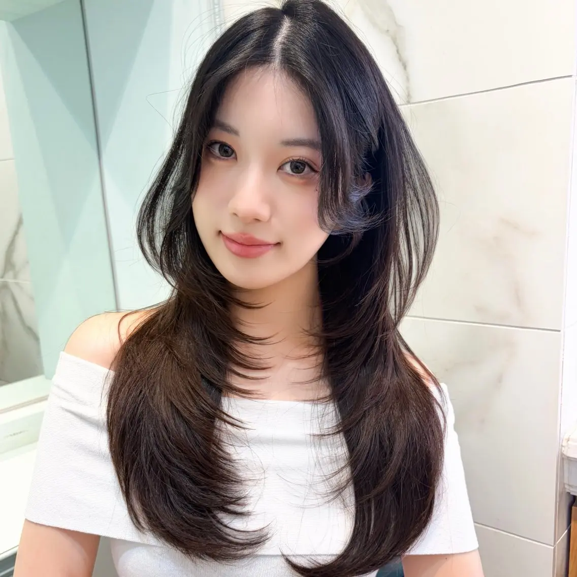 ロング カット ヘアカラー トリートメント 韓国レイヤー/顔周り 髪質改善/ 渡邊莉玖のヘアスタイル