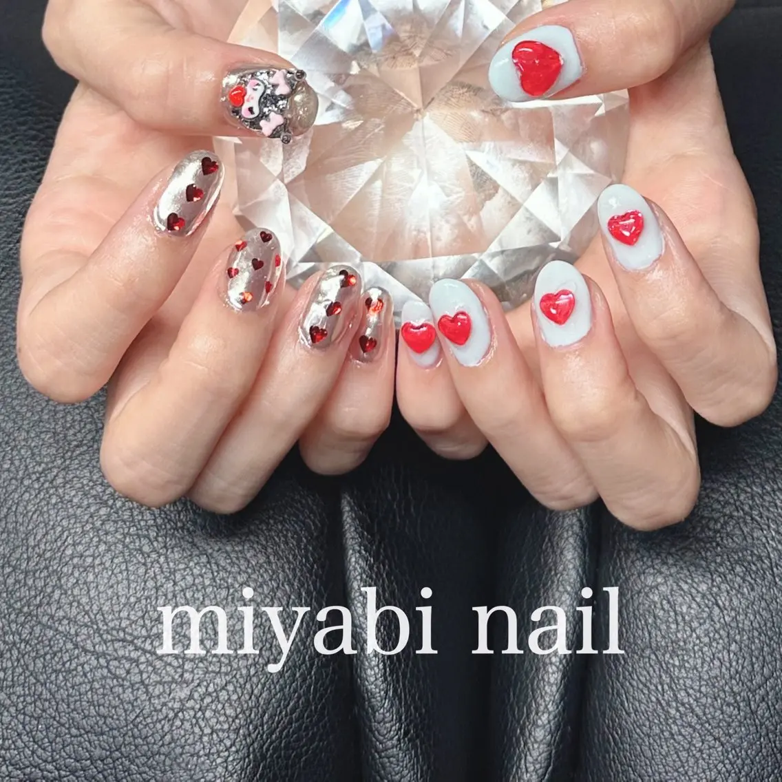 ネイル ブルー ハート ミラーネイル 持ち込み シルバー ハンドネイル miyabi nail 桂川駅近くのネイルデザイン