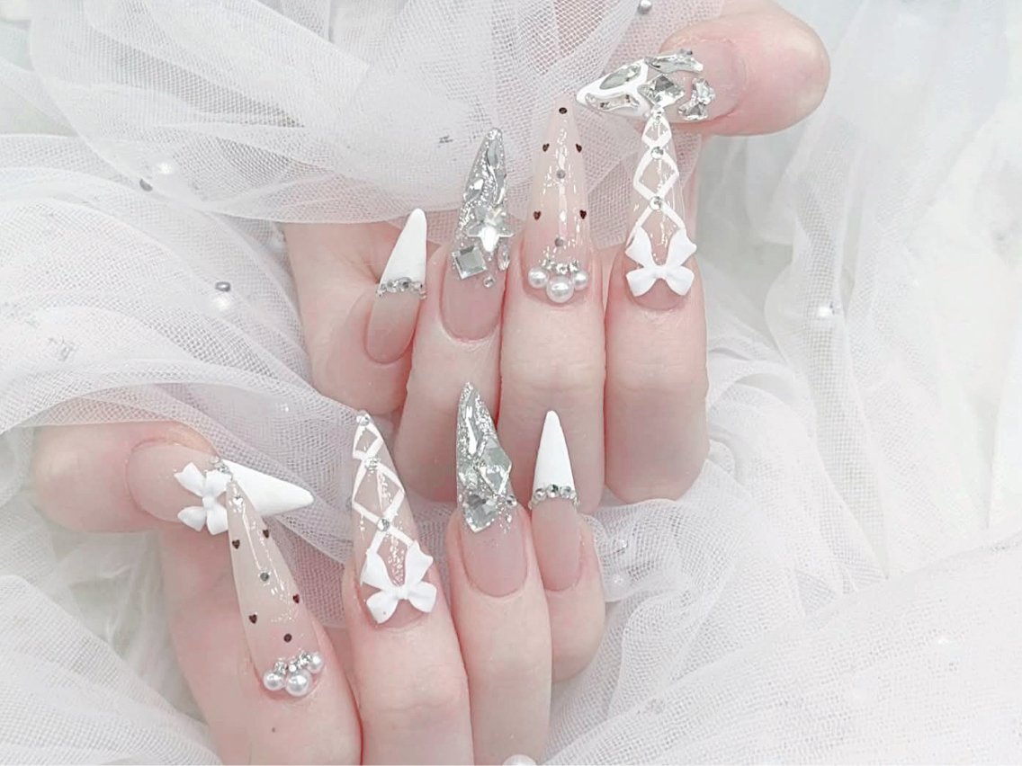 ネイル 成人式 大理石ネイル(マーブル) リボン 夏ネイル ネイルチップ ハンドネイル MoMoA Nail ネイル長さ出し専門店のネイルデザイン
