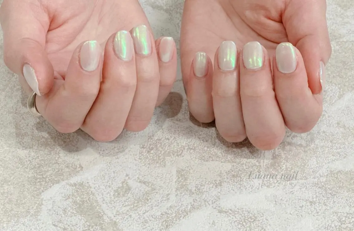 ショート ネイル 入学式 オーロラネイル 入学式 ジェルネイル ミラーネイル Luana nail (ルアナネイル)のネイルデザイン