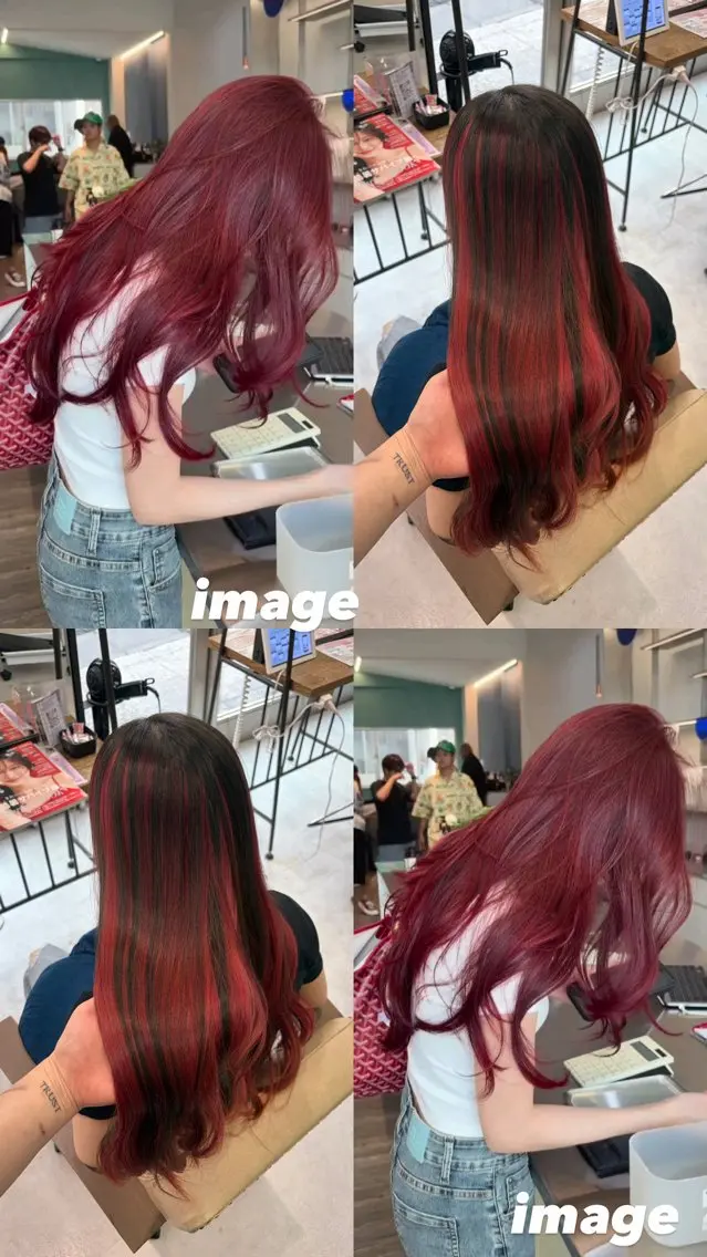 ロング カラー ブリーチ デザインカラー ピンクカラー レッドカラー カット ヘアカラー トリートメント ブリーチなしwカラー /艶カラー/oukaのヘアスタイル