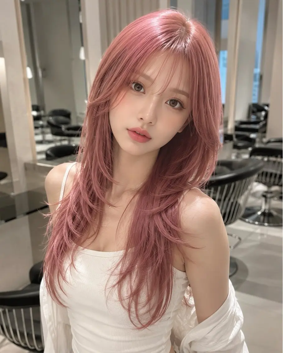 ロング カラー ヘアカラー 韓国ハイレイヤー ハッシュカット特化のヘアスタイル