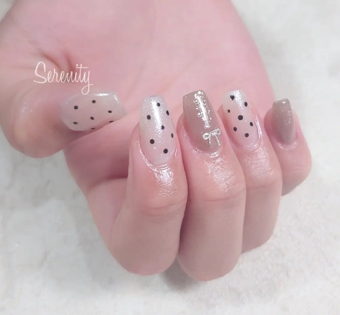 ネイル ドット ハート ピンク リボン バレンタイン nail  serenityのネイルデザイン