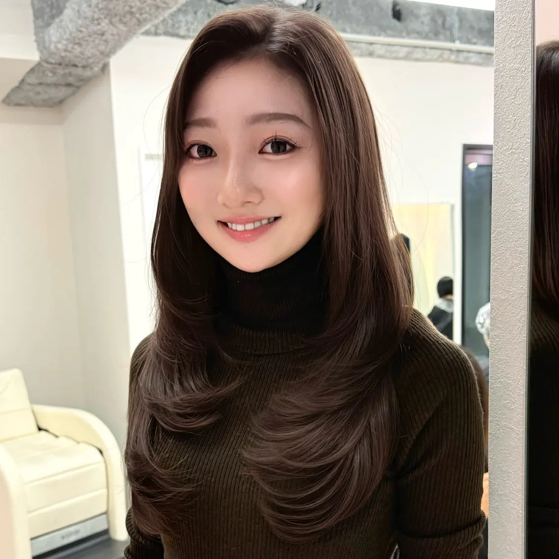 ロング カット ヘアカラー 縮毛矯正 トリートメント 鍋田/ 渋谷/ 縮毛矯正／レイヤーのヘアスタイル