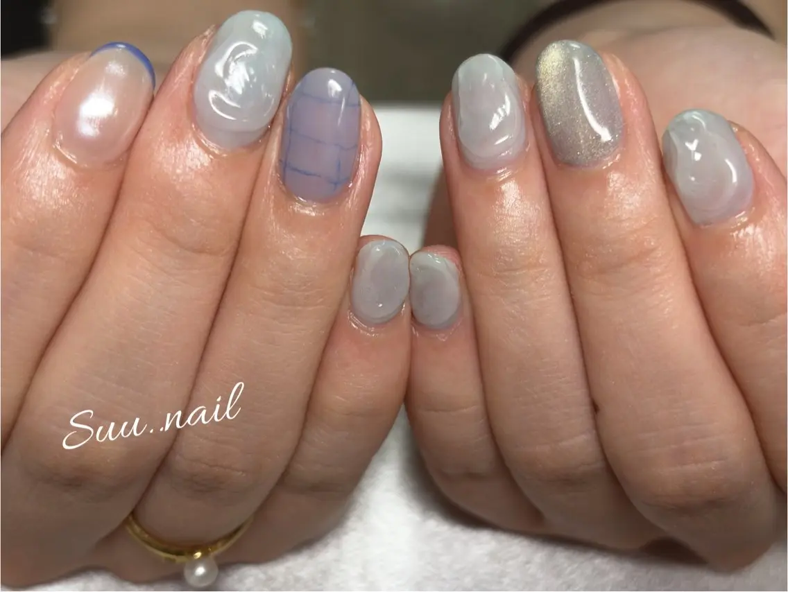 ネイル アートネイル ブルー 持ち込み ぷっくりネイル ネイルサロン Suu..nailのネイルデザイン